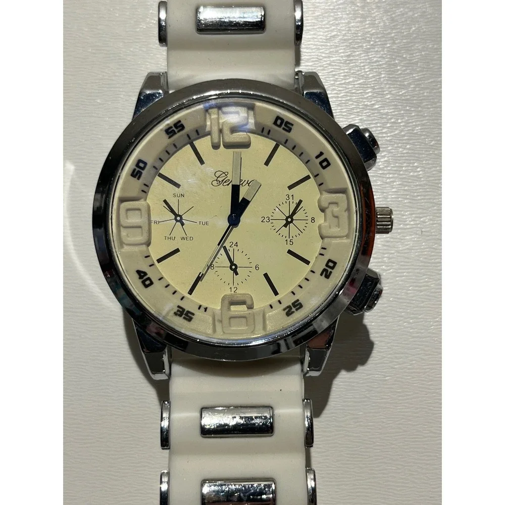 Geneva Quartz Watch White Silicone‎ Strap Cream Dial Multi Dial Sporty Unisex